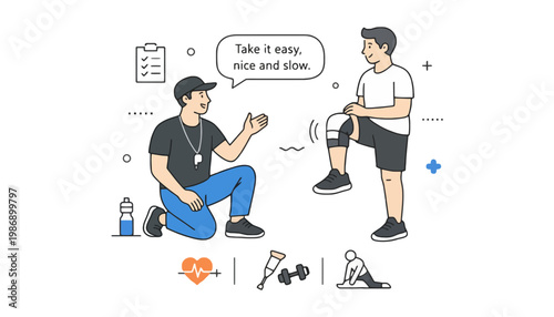 A fitness trainer advising a man with a knee injury slowly exercising