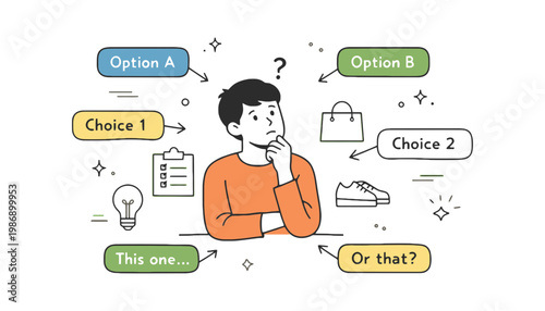 A man in orange shirt thinking with many choice options around him