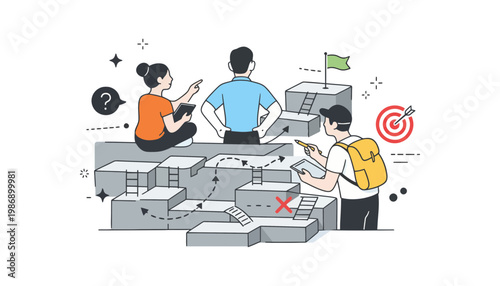 A group of people navigating a maze to reach their target goal