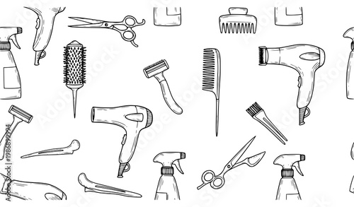 Seamless pattern with hairdressing tools doodle style barber equipment black outline vector illustration
