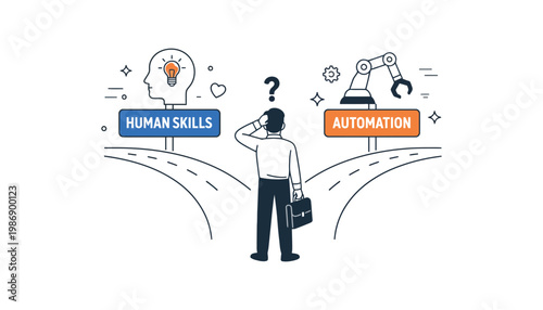 Businessman choosing between human skills and automation illustration