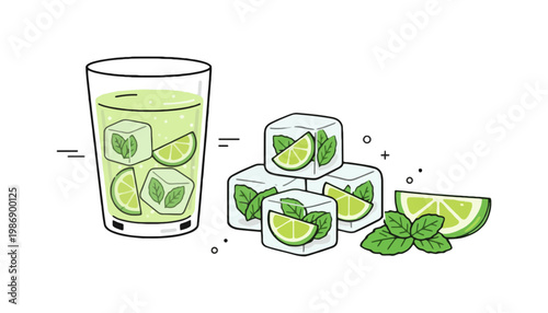 Lime vector illustration with ice cubes and mint leaves in a refreshing drink