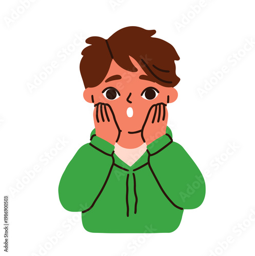 Surprised boy, open mouth in shock. Child character, amazed, astonished face expression, reaction to unexpected. Kid in amazement, astonishment. Flat vector illustration isolated on white background