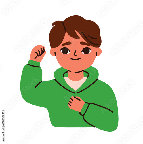 Smiling boy child with fist raised, supporting and cheering hand gesture. Pos...