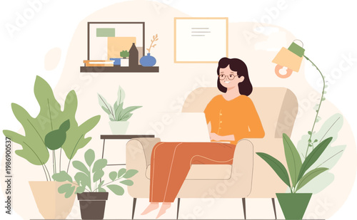 Young woman working on laptop in office cartoon illustration
