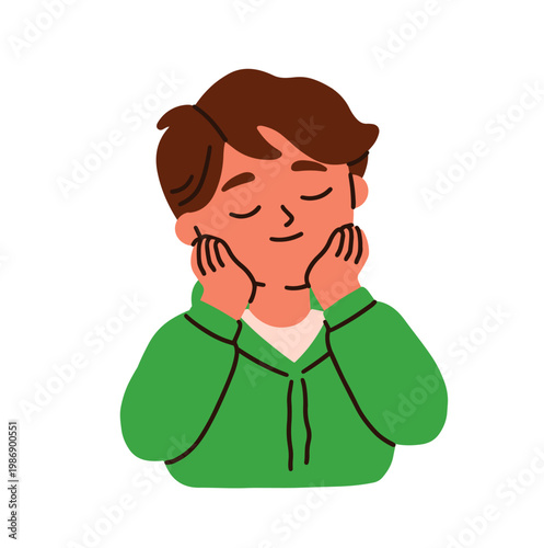 Dreamy boy kid with hands on cheeks, closed eyes, gentle smile. Happy child with touched face expression, positive cute emotion, affection. Flat vector illustration isolated on white background