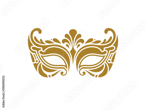 A gold masquerade mask with intricate designs on a white background