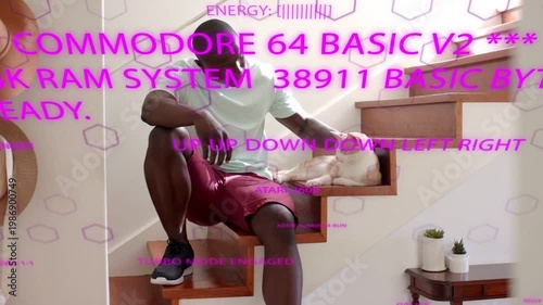 Man reaching, petting cat for bonding on stairs, magenta retro text overlay obscuring face tech