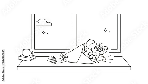 A bouquet of flowers wrapped in paper on a windowsill with a cup of coffee