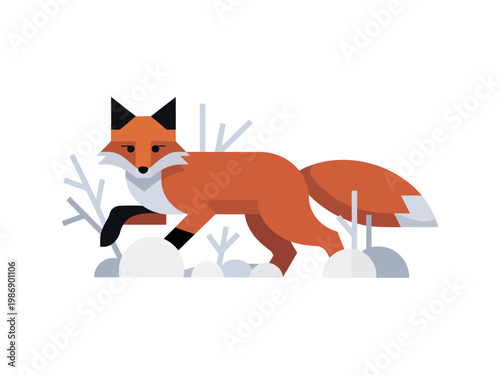 A cartoon fox runs through the snowy landscape with a serene expression