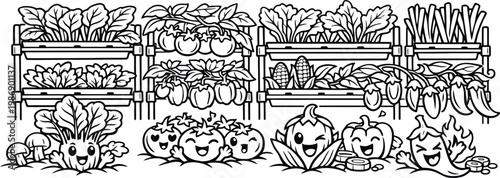 Cute cartoon vegetables growing in vertical garden beds with black and white line art hand drawn