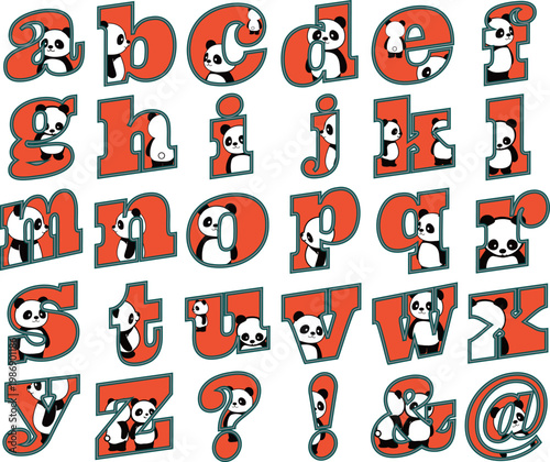 かわいいパンダがアルファベットの中から顔をのぞかせる、ユニークで遊び心のある英字フォント風イラスト素材です。
A〜Zまで揃ったセットで、ロゴ、子供向けデザイン、教育素材、バナー、SNS投稿など幅広い用途に活用できます。