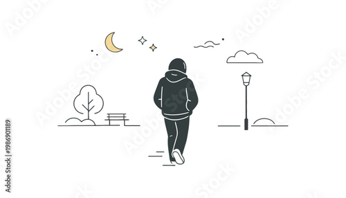 A person wearing a hoodie walking alone in a peaceful park at night