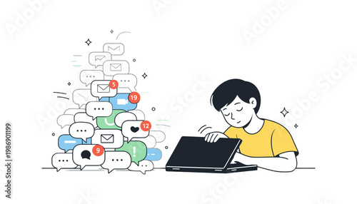 A stressed man overwhelmed by notification icons on his laptop