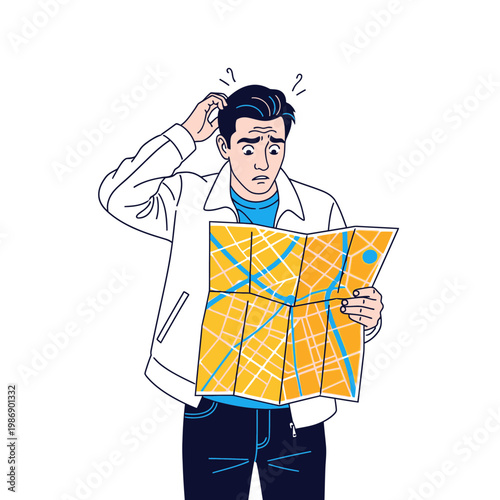 Confused man holding a map looking for directions.