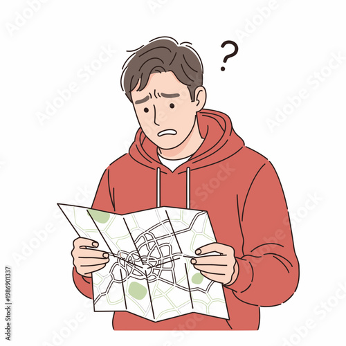 Confused Man Holding Map Looking for Directions.