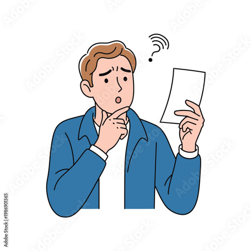 Confused Man Holding Paper and Question Mark Above Head.
