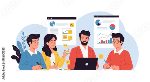 Team members discuss project data and graphs during a meeting in a bright office space