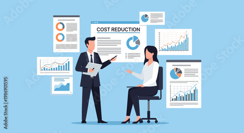 Business meeting focused on cost reduction strategies with charts and graphs in an office setting