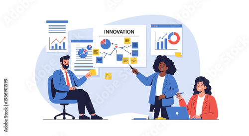 Team discusses innovation strategies in an office setting during the workday while analyzing data and charts on a whiteboard
