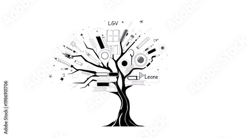 Learning Tree Digital Illustration with Diverse School Supplies and Study Tools for Academic Growth