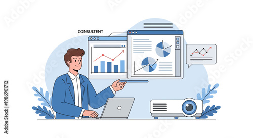 Consultant presents data analysis using computer and projector in office setting with charts and graphs on screen