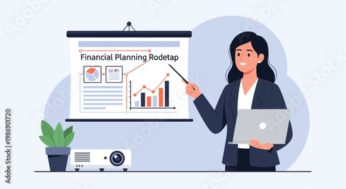 Business expert presents financial planning ideas with charts and data during an afternoon meeting in an office setting