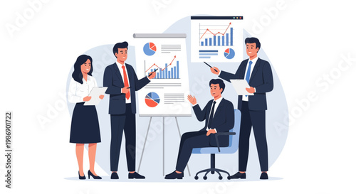 Business team discusses project results and plans during meeting in office setting in afternoon hours with charts and graphs present