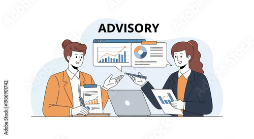 Two business professionals discussing data trends and analysis in an office meeting setting with charts and graphs present