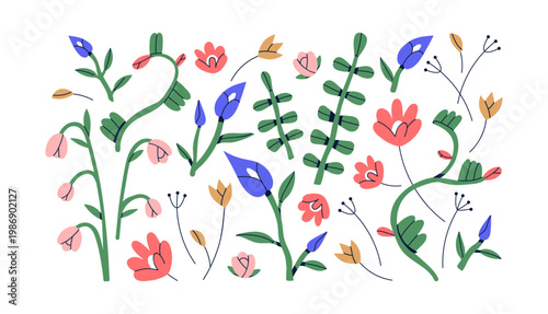 Abstract floral set. Field and garden flowers, leaf plants, branches, blossoms. Nature decoration. Spring and summer decor, wildflowers. Flat vector illustrations isolated on white background