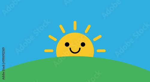 A cartoon sun smiling over green hill.