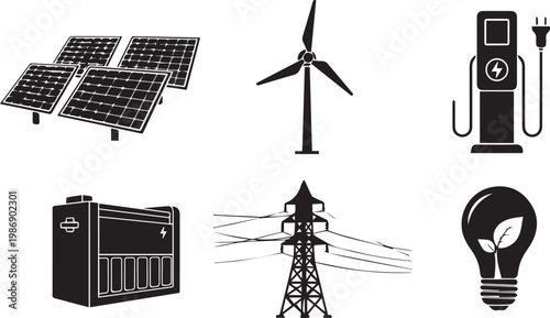 A collection of black and white icons representing renewable energy sources and sustainable power solutions