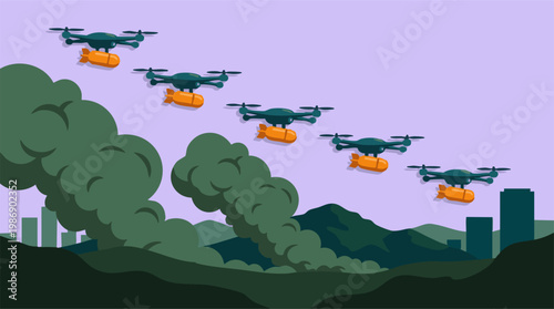 Illustration of military drones dropping bombs, causing smoke and destruction