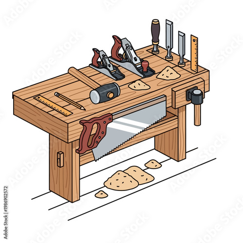 Woodworking Bench with Tools: Saw, Planes, Chisels, Hammer, Pencil