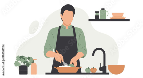 Faceless man cooking healthy meal in modern kitchen, flat vector illustration of male chef preparing food at home.
