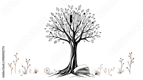 Education Tree Symbolizes Growth of Knowledge and Creativity Using Various Stationery Tools
