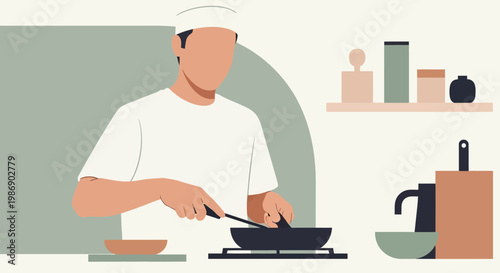 Faceless Chef Cooking in Kitchen with Modern Minimalist Flat Design Vector Illustration