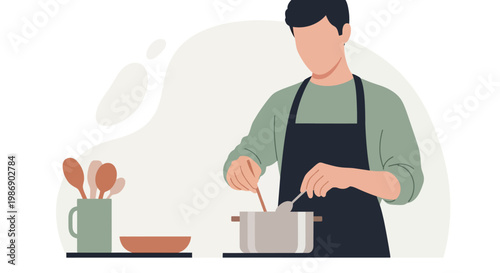 Young Man Cooking in the Kitchen, Faceless Character Vector Illustration in Flat Design Style