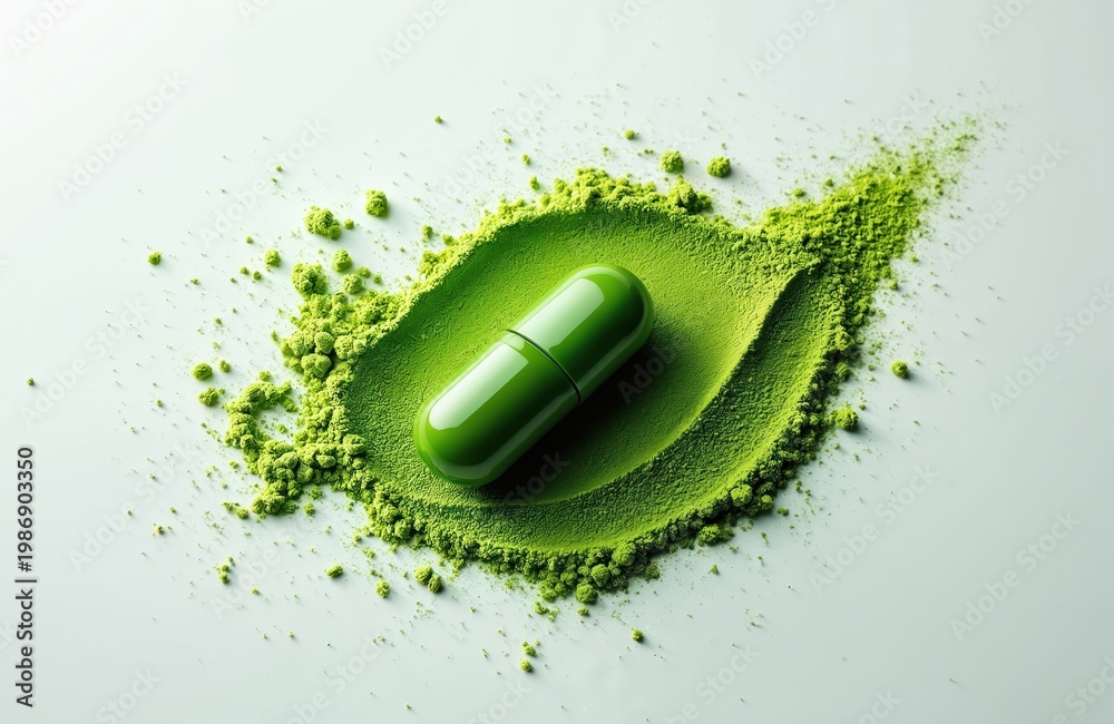 Obraz premium Green capsule rests on pile of green powder. Natural health supplement for wellness and energy. Powdered nutrient for healthy diet. Vitality boost, plant based.