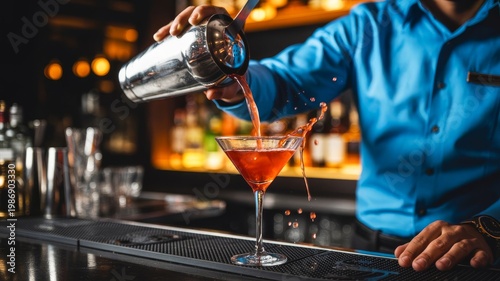 A bartender pours a vibrant cocktail from a shaker into a glass, showcasing a lively bar atmosphere with blurred bottles in the background.