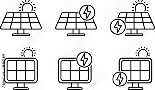 Solar energy panel line icons set. The icons maintain a uniform, thick-line style with rounded edges, making them highly readable for environmental, sustainability, or green energy branding.
