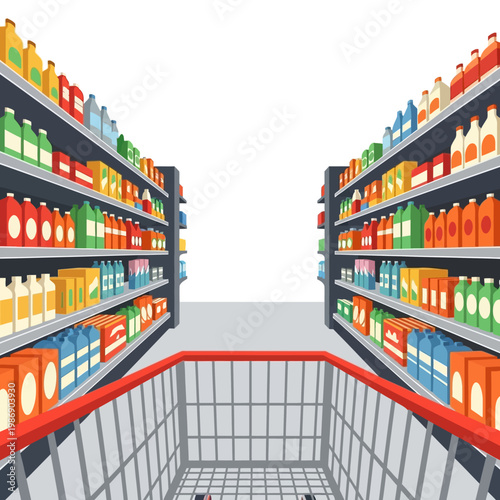 Grocery store aisle with shopping cart, shelves stocked with colorful products, shopping experience concept