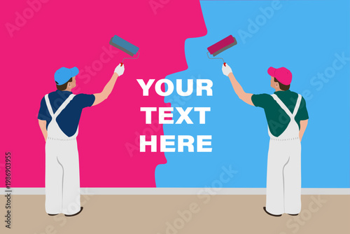 Two painters with rollers and editable text space on colorful wall, home renovation vector illustration for banner or poster. 