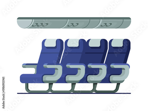 An illustration of four blue airplane seats with gray armrests and headrests on a white background