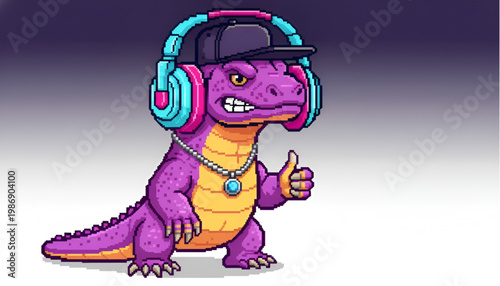 Pixel Art Cool Komodo Dragon Wearing Headphones and Cap Hip Hop Style