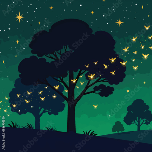 Glowing Fireflies Around Tree in Night Forest Vector Illustration