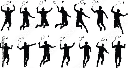 Action Silhouette Collection of Male Badminton Players Performing Powerful Jump Smashes and Athletic Strokes Isolated on Professional White Background Backdrop