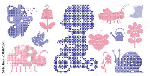 Unique vector illustration set of embroidery patterns, The motifs include happy young boy riding a tricycle, birds, flower, happy butterfly and more cartoon style children vector design set