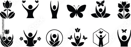 Abstract Wellness Silhouette Collection Featuring Human Figures Flowers Butterflies and Birds Symbolizing Growth Harmony Health and Spirituality Isolated on White Background