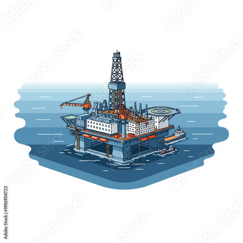 Offshore oil drilling platform in the ocean, industrial marine engineering, energy exploration